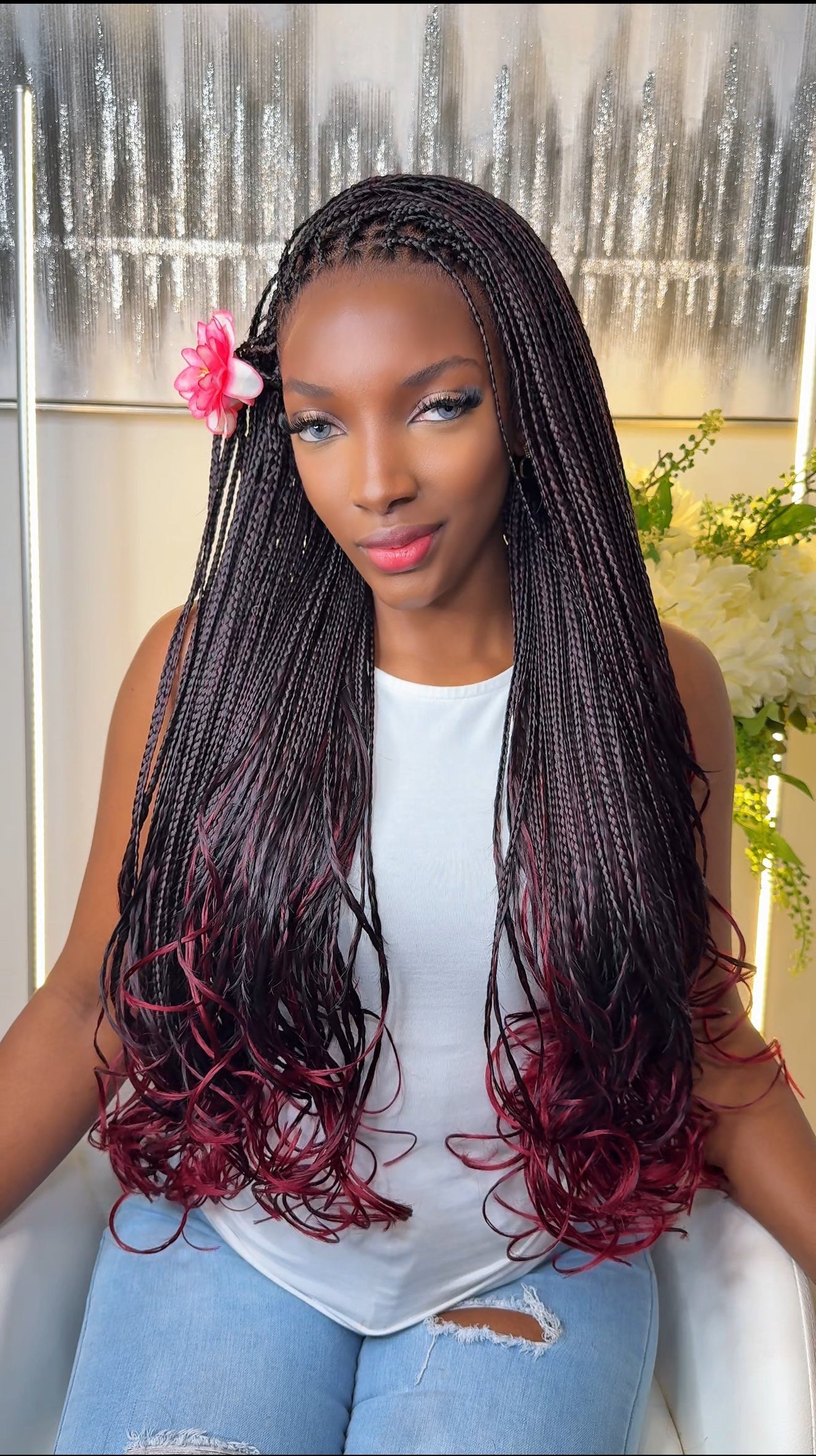 Felix Tburgundy french curly braided wig