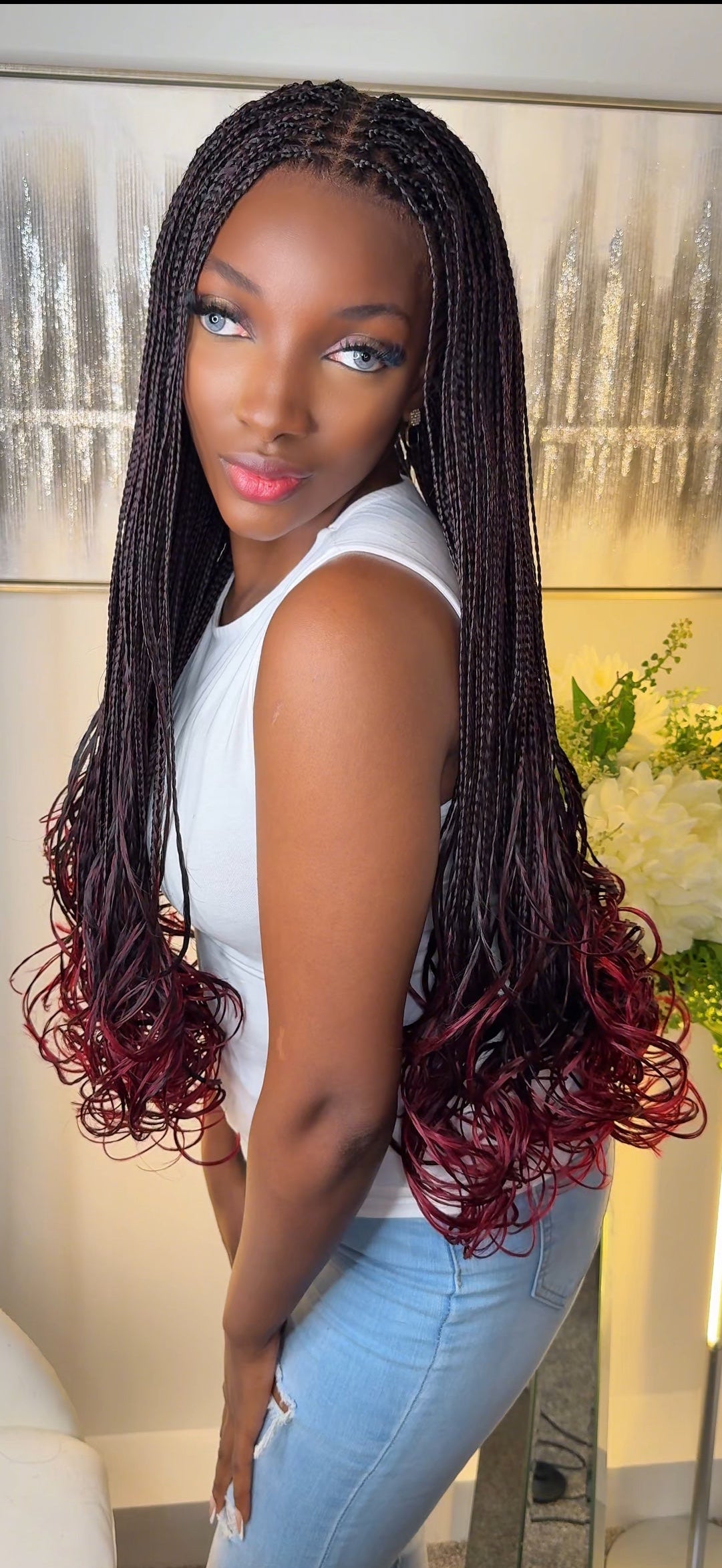 Felix Tburgundy french curly braided wig