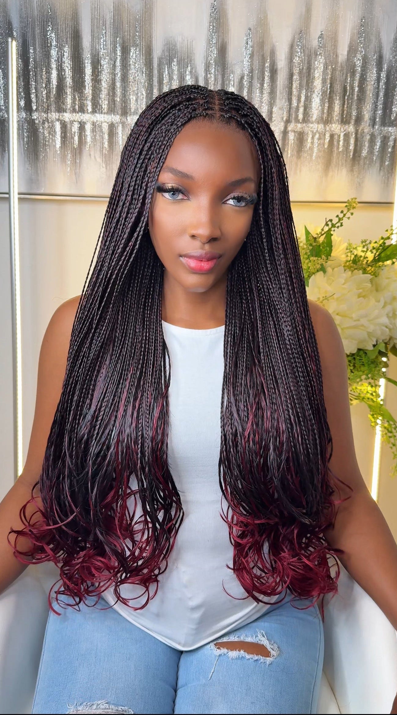 Felix Tburgundy french curly braided wig